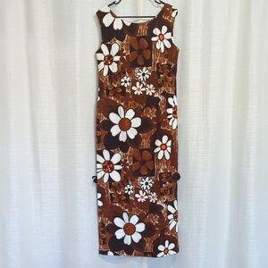 Vintage Hookano Brand Floral Brown Maxi Dress Cotton Sleeveless Zip Up